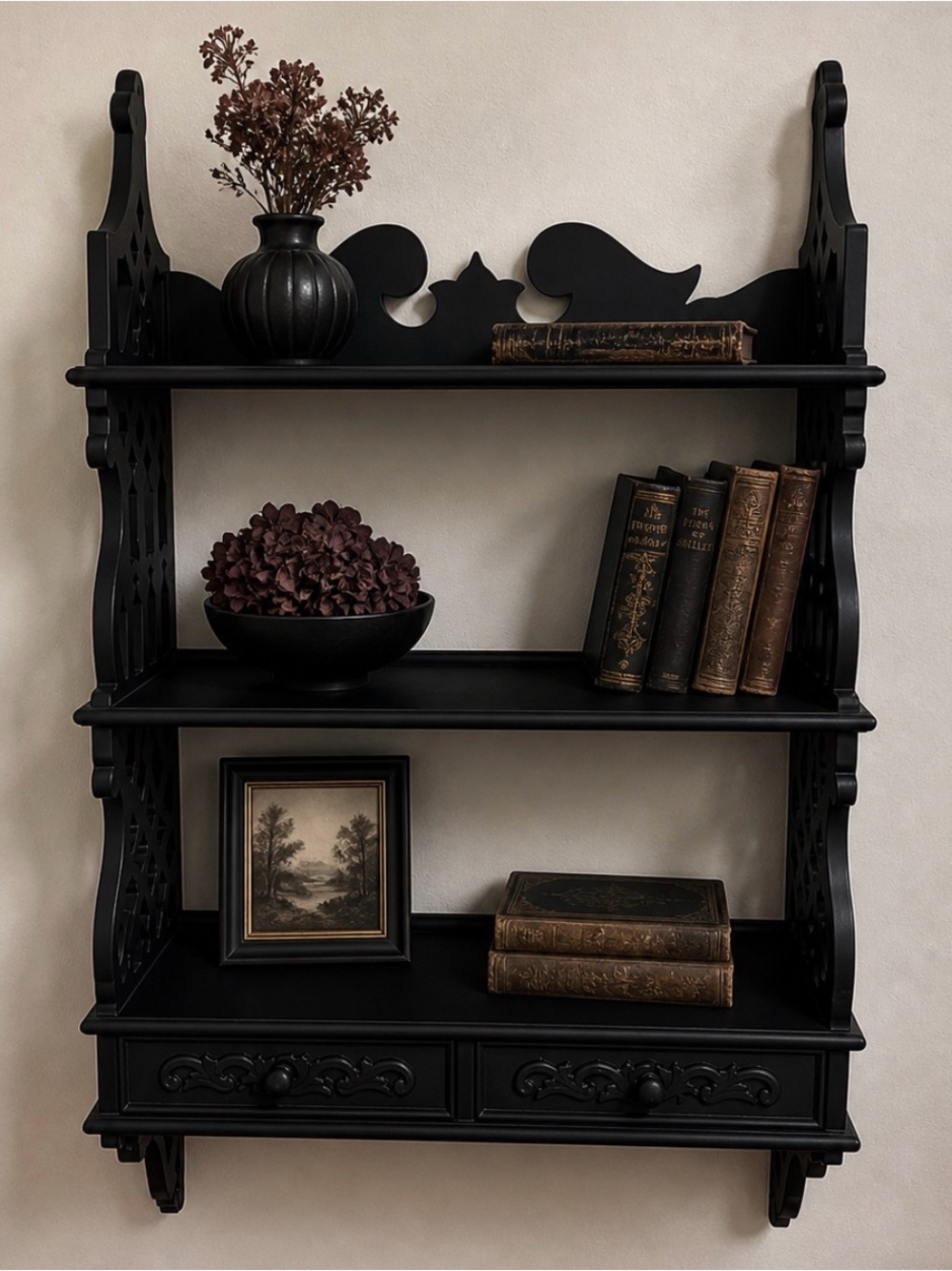 Vintage Black Decorative Wall Shelf with Ornate Accents - Home Wall Decor